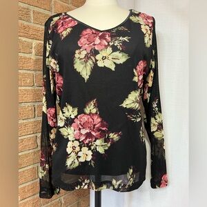 Emma James semi-sheer mesh black floral top - M